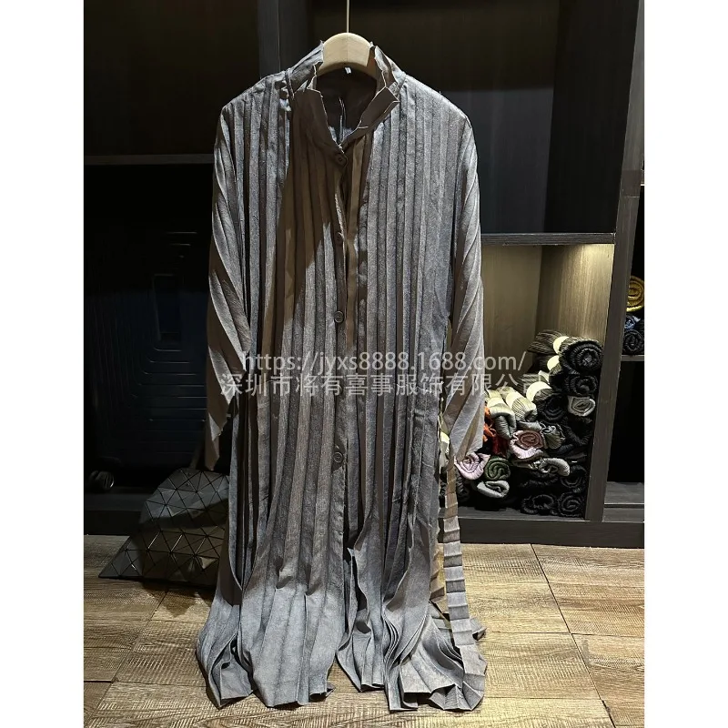 

Женский плиссированный плащ Miyake, 2022, элегантный однотонный повседневный плащ с лацканами, осенний свободный плащ больших размеров, женская куртка