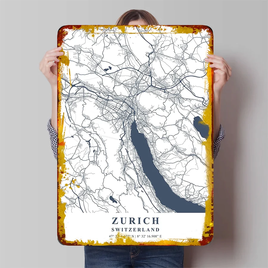 Цюрих Швейцария Карта города Металлическое настенное искусство Современный домашний декор Минималистичный географический принт для офиса Гостиная