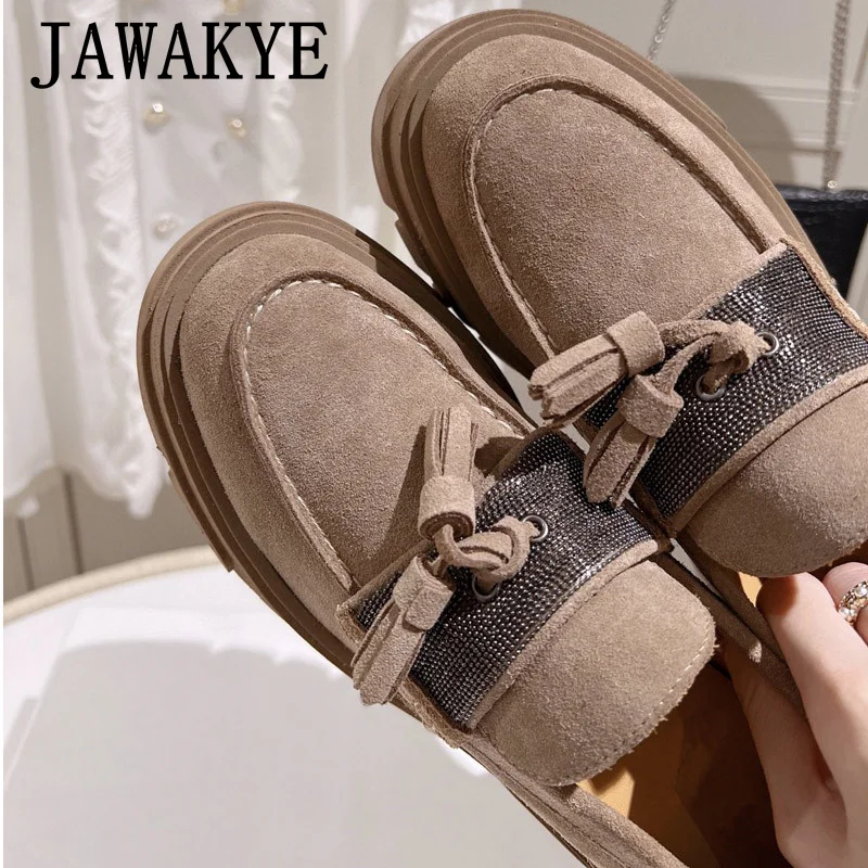 JAWAKYE piattaforma in pelle scamosciata aumentare scarpe donna Slip on punta tonda suola spessa nappe mocassini scarpe Casual scarpe retrò per le