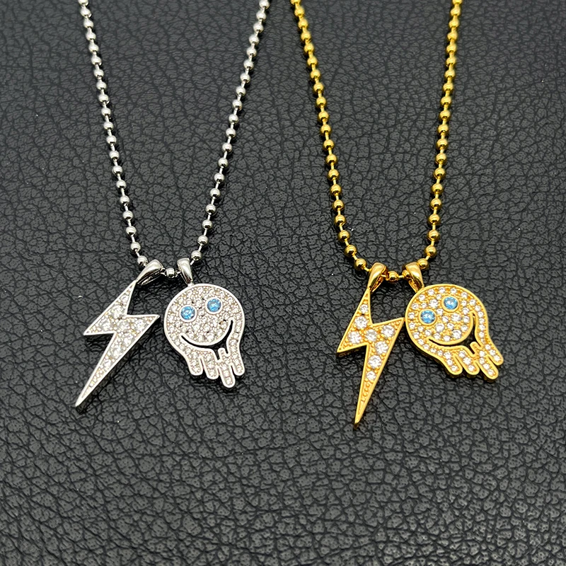Y2K Iced Out Lightning Bolt Happy-Face Dual Pendant Necklace Gold Silver Bead Chain Mcbling Cyberpunk Streetwear Jewelry