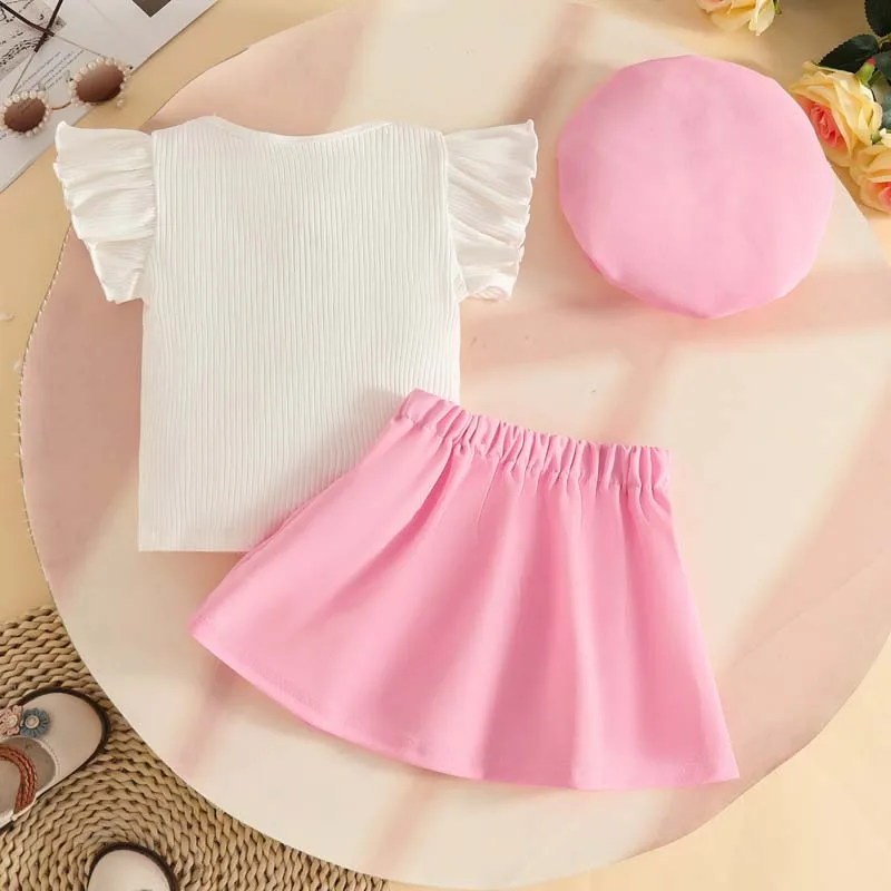 Abbigliamento per Bambine 1-3 Anni, Set Estivo alla Moda con Top a Maniche Svasate, Gonna e Cappello, Completo 3 Pezzi per Bambina