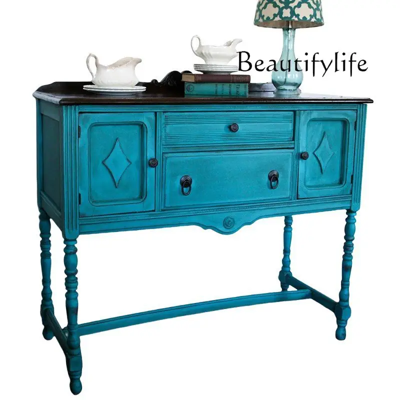 French retro solid wood carving flower porch cabinet entrance foyer American country living room antique decorative locker