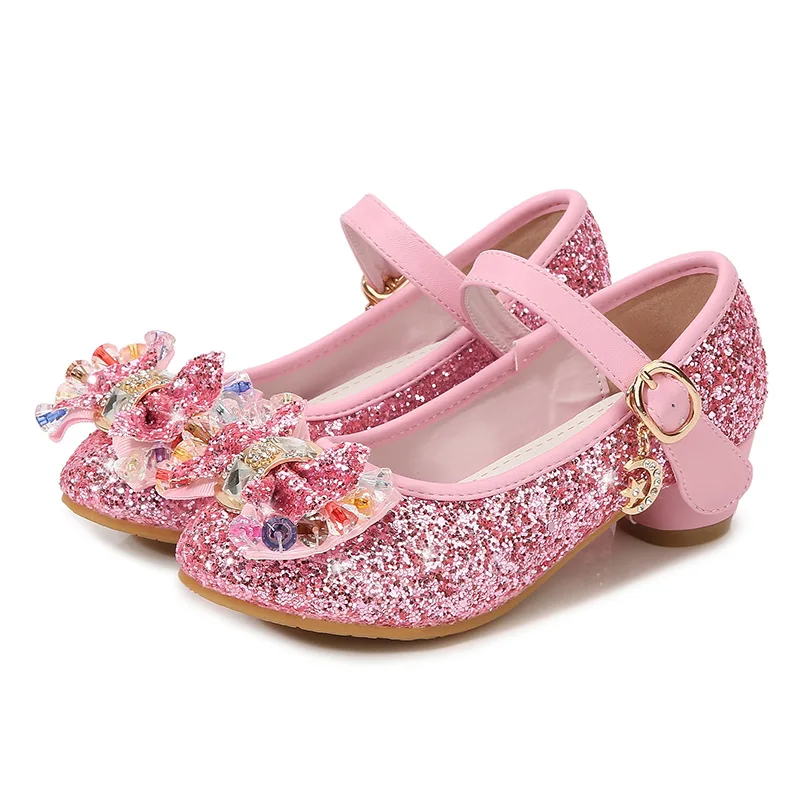 Princess Kids Leather Shoes for Girls Fashion Sequined Glitter Children High Heel Girls Shoes Butterfly Knot Blue Pink Silver