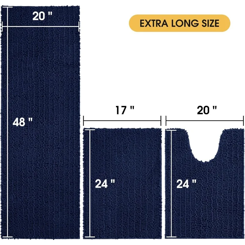 Upgraded Oversized Navy Blue Bathroom Rug Set 3 Piece Super Soft Thick Absorbent Bathroom Mat Anti-Skid Neil Toilet Mat