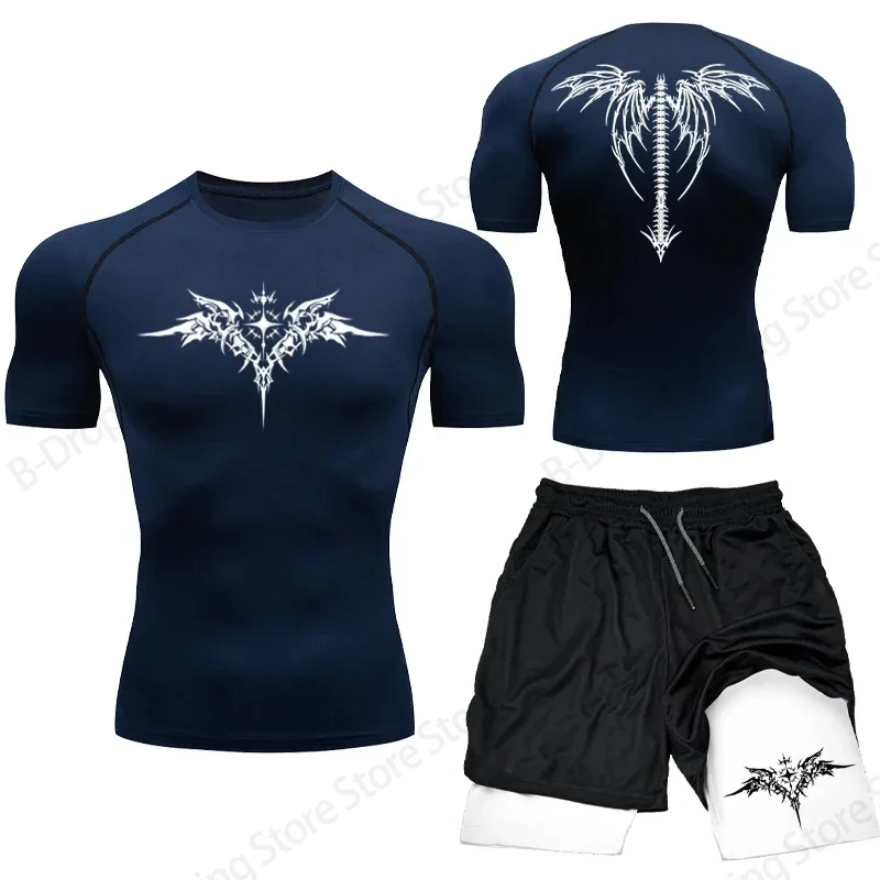 Conjuntos de compresión de boxeo de Anime para hombre y mujer, camiseta con estampado 3d + conjuntos cortos de 2 uds., traje deportivo informal para correr, chándal para hombre