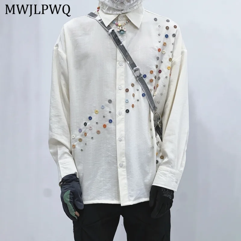 

MWJLPWQ Button Metal Design Beige Shirt Men's High Street Lapel Draped Embroidered Loose Casual Long Sleeve Top Autumn New 11455