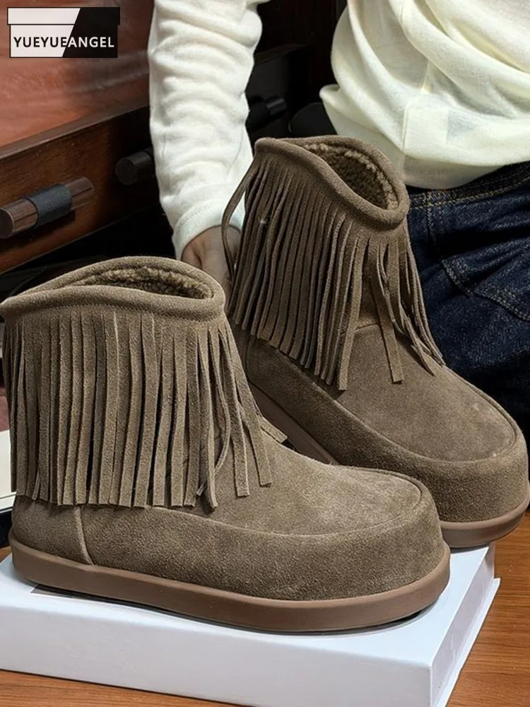 الشتاء أنيقة المرأة شرابة جلد البقر المدبوغ الثلوج الأحذية الدافئة الصوف عالية أعلى الأحذية عارضة جولة تو الكاحل السيدات حذاء مسطح #1