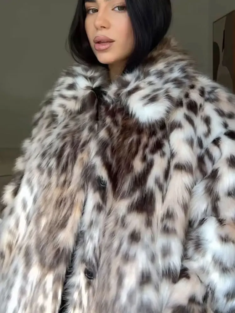 HH 2024 Female Winter Vintage Leopard Printed Fur Coat Long Sleeves Lapel Loose Warm Retro Jacket Causal Street Coats