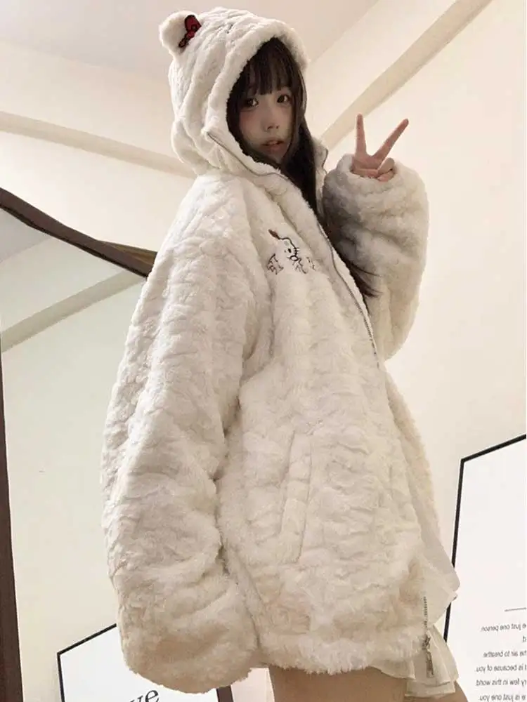 REDDACHIC Cozy Cartoon Cat Hooded Plush Jacket Women Embroidery White Fluffy Winter Coat Zip Up Kawaii Lolita Y2k Casual Outwear