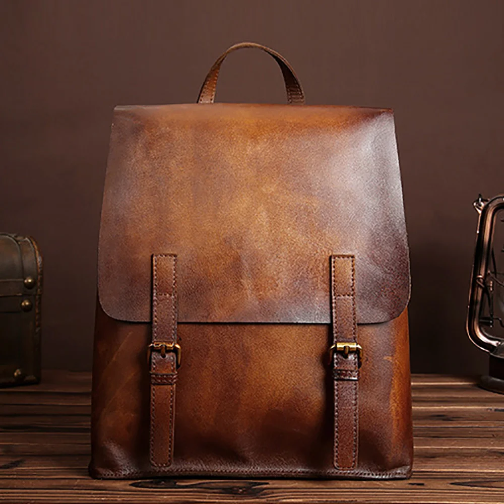 High Quality First Layer Cowhide Men Backpack Vintage Casual Daypack Male Travel Genuine Leather Knapsack School Rucksack