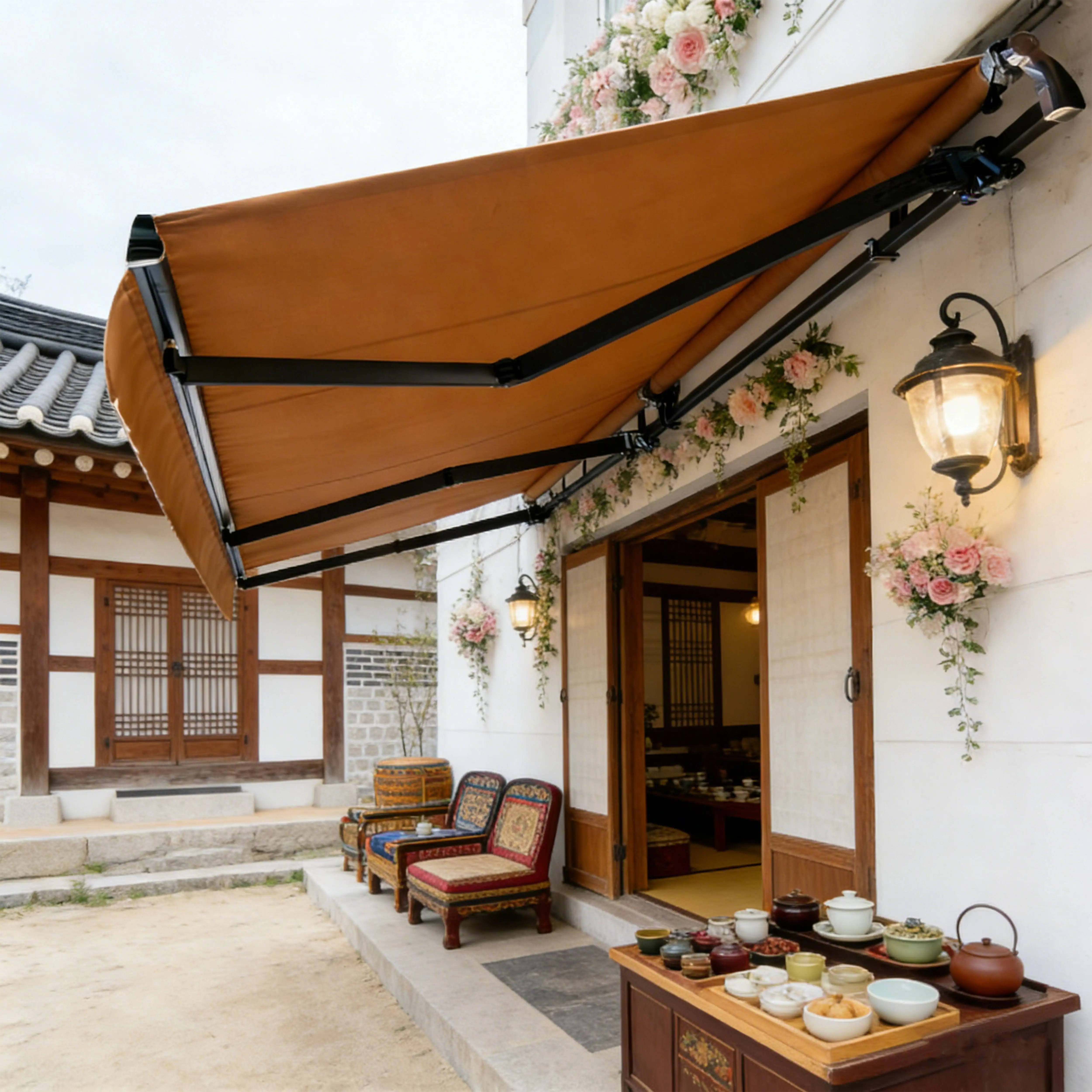 Outdoor Fashion Panoramic Rainproof Sunshade Manual and Electric Opening with Telescopic Folding Arm Full Cassette Awning