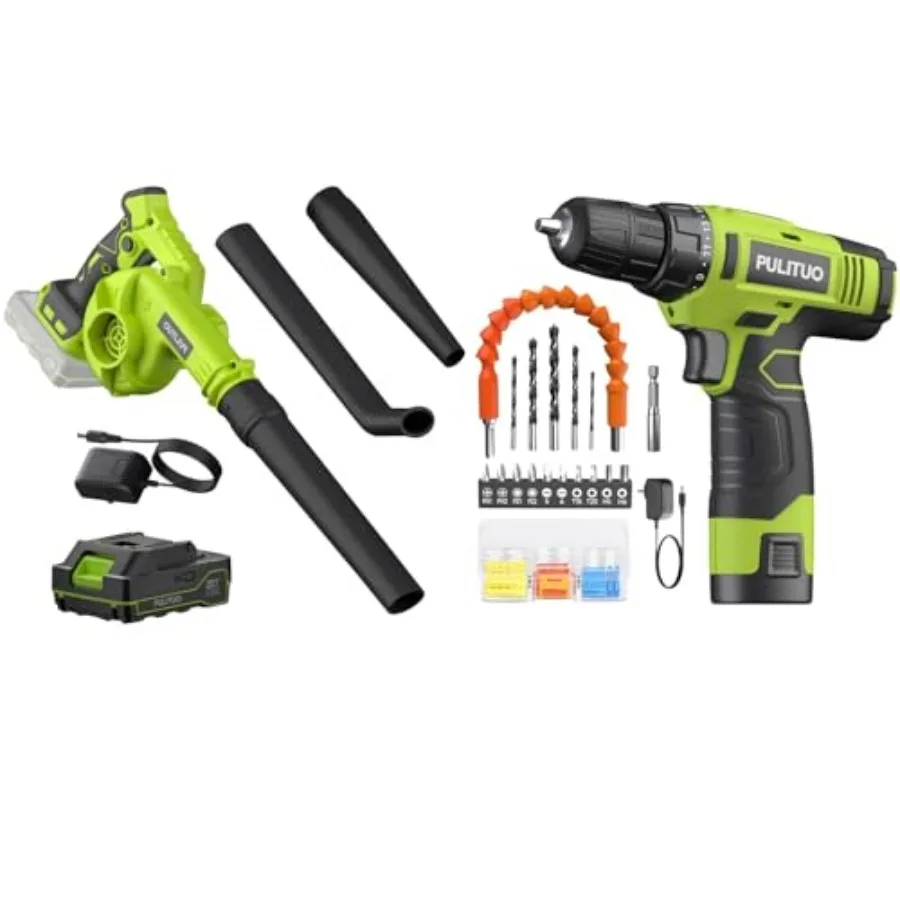 

Cordless leaf blower and 12V power drill set with battery and charger for outdoor gardening lawn care and DIY projects highperf