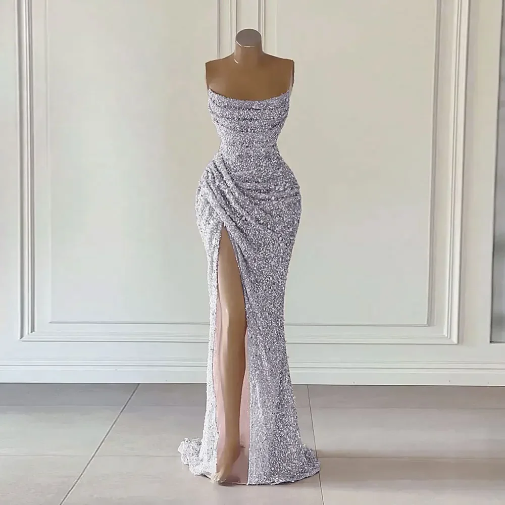 Sequins Evenig Dresses Women Sexy Mermaid Strapless Split Long Prom Gowns African Girls Formal Occasion Party Dress Customized