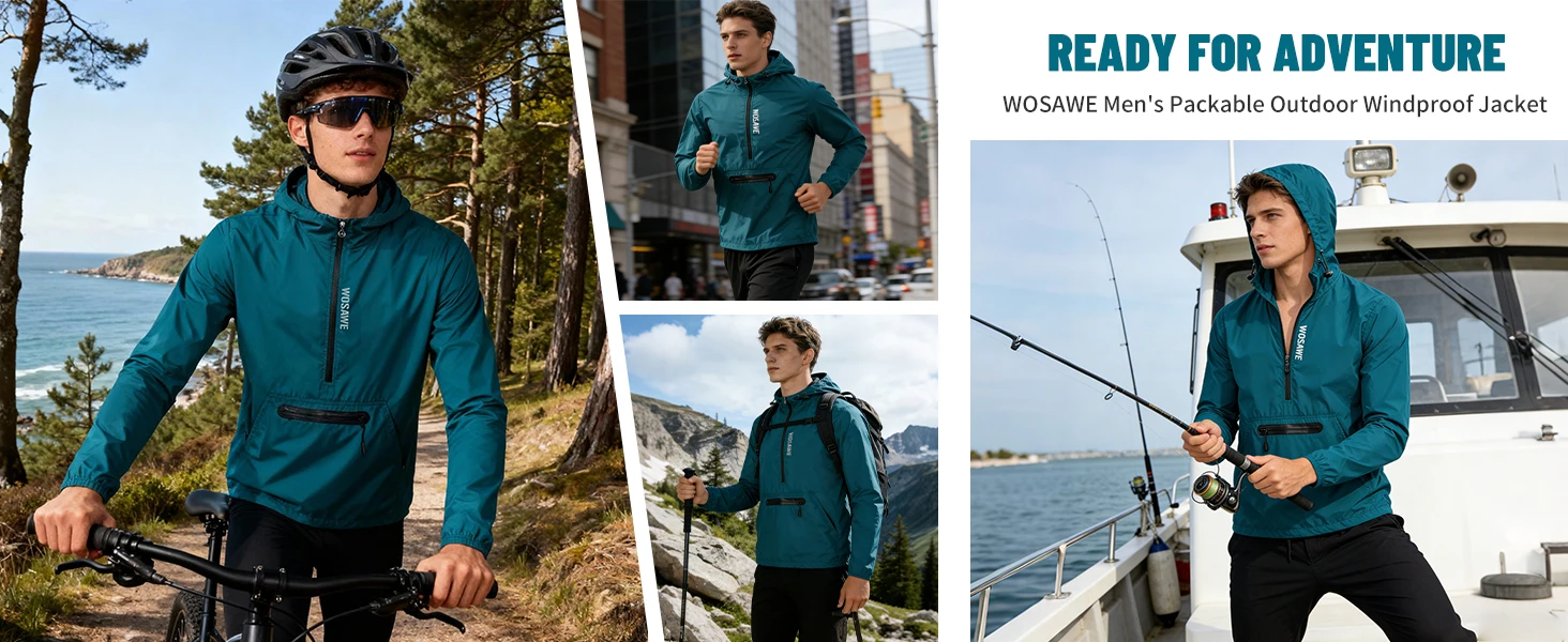 WOSAWE Frühlings-Herren-Fahrrad-Windjacke, wasserabweisend, halber Reißverschluss, Pullover, verstaubar, winddicht, mit Kapuze, Fahrradjacke – Detail 8