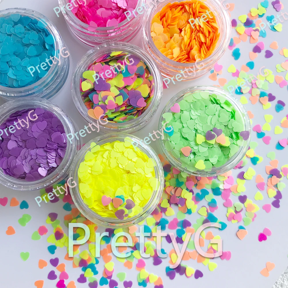 

PrettyG 6-Color Set YN03 Mini Love Heart Shape Neon Fluorescent Glitter Sequin Luminous Nail Art Decoration Rainbow Love Glitter