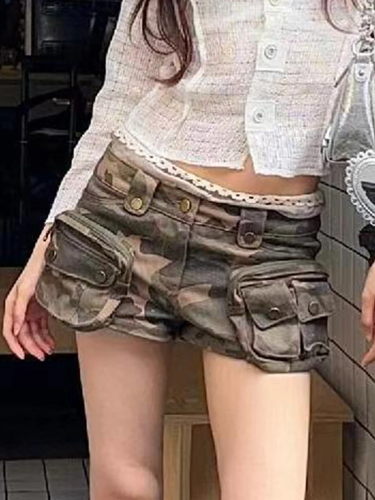 

Американская рабочая одежда в стиле ретро, брюки, женские модные камуфляжные орты Y2K, осенние джинсовые орты Faion ket с деталями