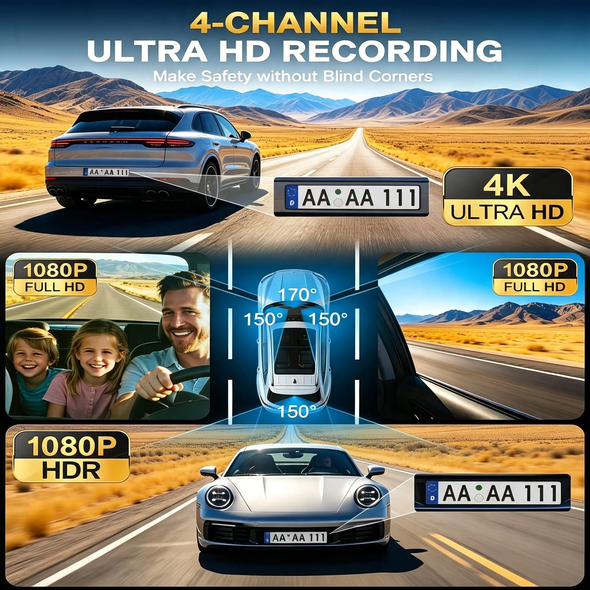 4K Dash Camera for Cars, 4-Channel Dash Cam 360 View, Front, Rear, Left, And Right Car Camera with 3