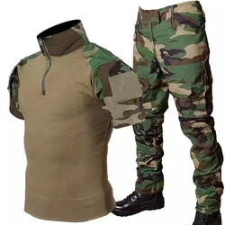 Summer Black Green Camo Training Set Mens Half Zip Tops Waterproof Tactical Suit Elastic Multiple Pockets Quick Drying 2-pcs