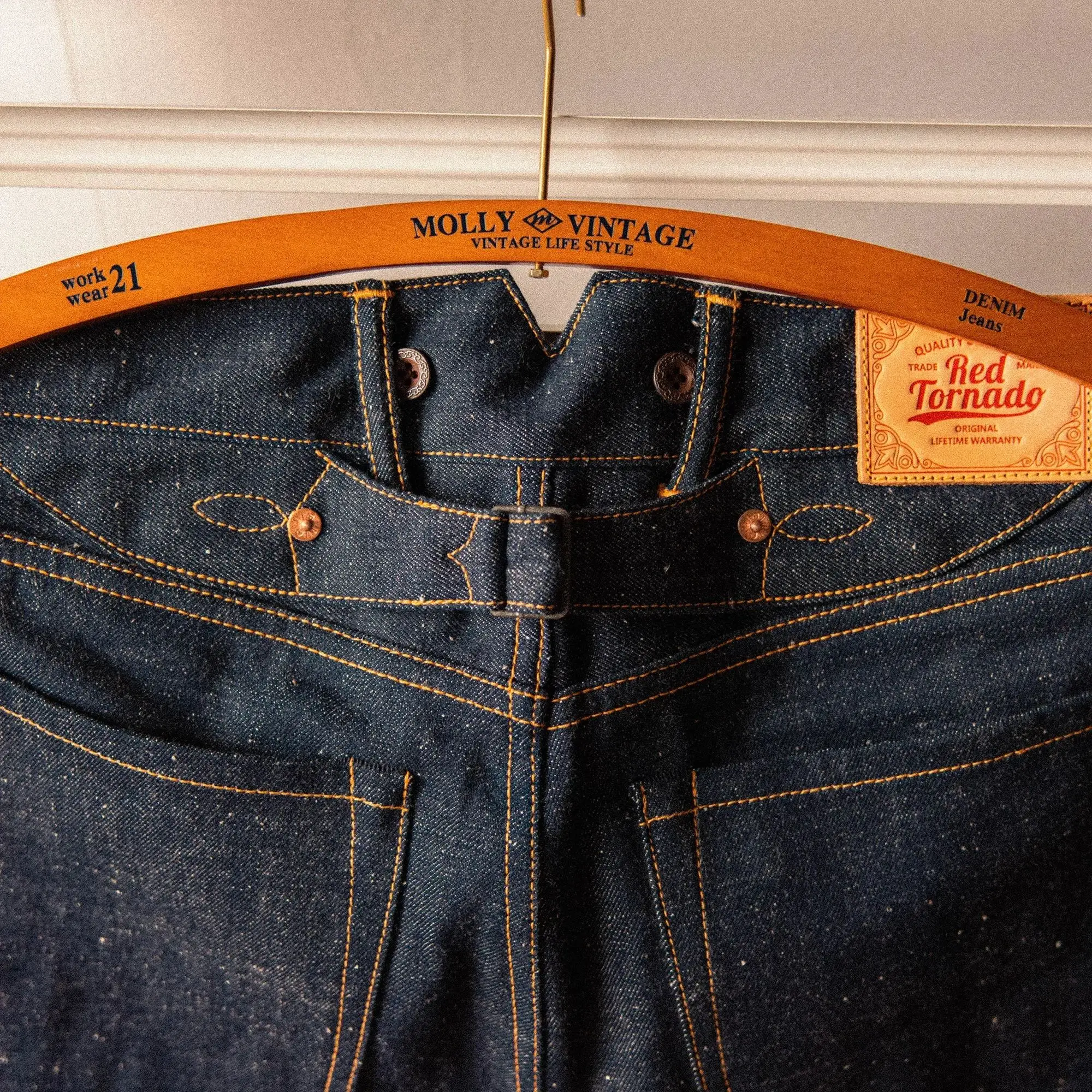 2000T-0002 Read Description! Red Tornado Raw Indigo Selvage Unwashed Denim Pants Unsanforized Brass Buckle Jean 14oz