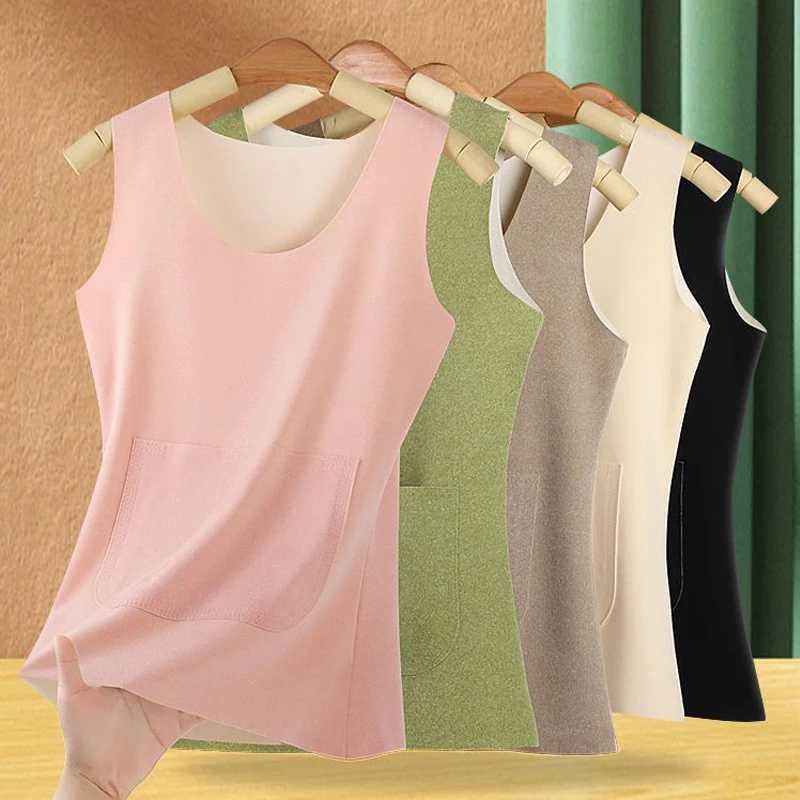 

1pcs Womens Winter Warm Underwear Solid Thermal Casual Nightwear Sexy Elasticity Female Thin Velvet Tank Top Vest Sleeveless Top