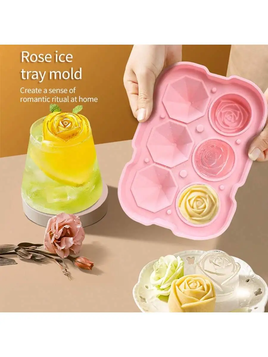 Random Color Rose Diamond Ice Cube Mold, Large Food-Grade Soft Silicone, with Lid, Ice Cube Square, Ice Cube for Whiskey, Frozen Ice Cube