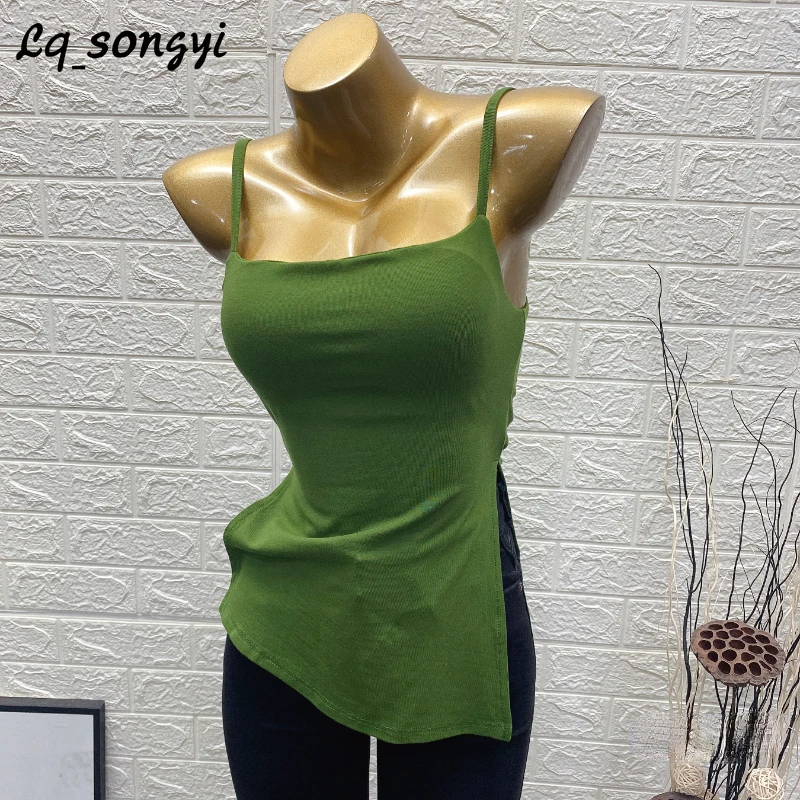 

Lq_songyi Slim Camis Women with Chest Pads Sleeveless Crop Tops Irregular Hem T Shirts Female Basic Sexy Solid INS Camisole