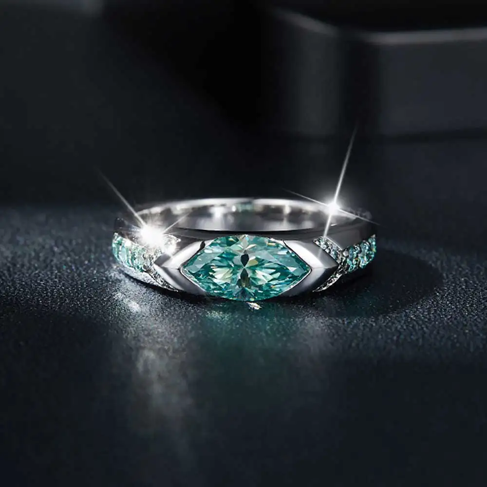 S925 VVS1 Moissanite Ring 925 Sterling Silver for Men Women Horus Lake Blue Horse Eye 5x10mm 1ct Blue Green