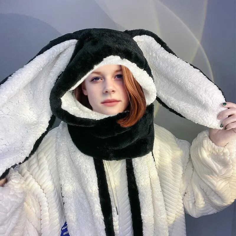 Orelhas de coelho Plush Bib Cap Set, Doce e bonito, Inverno, Quente, Cachecol, Luvas, One 3 Piece