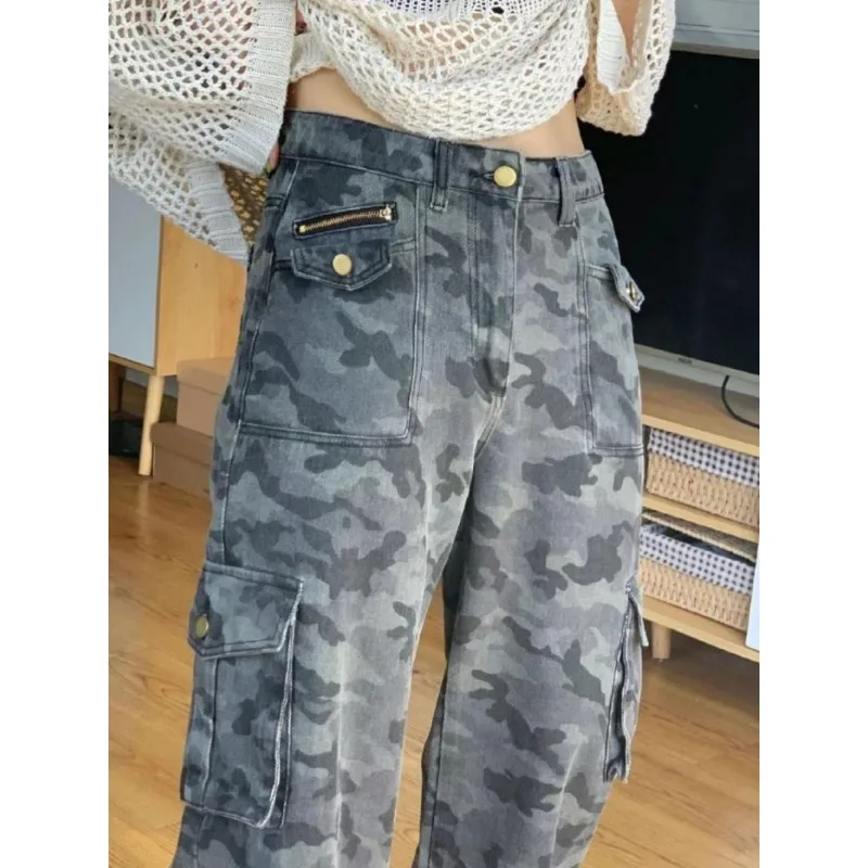 

Relaxed Fit Women Casual Denim Pants High Waisted Wide Leg Trousers American Camouflage Overalls Winter Autumn Women's pants