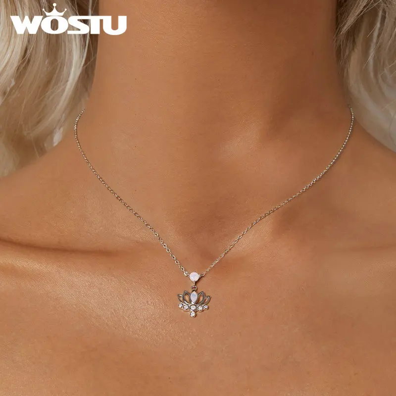 WOSTU 925 Sterling Silver Pink Opal Lotus Pendant Necklace For Women Mother's Day Jewelry Flower Stackable Neckalces Party Gift