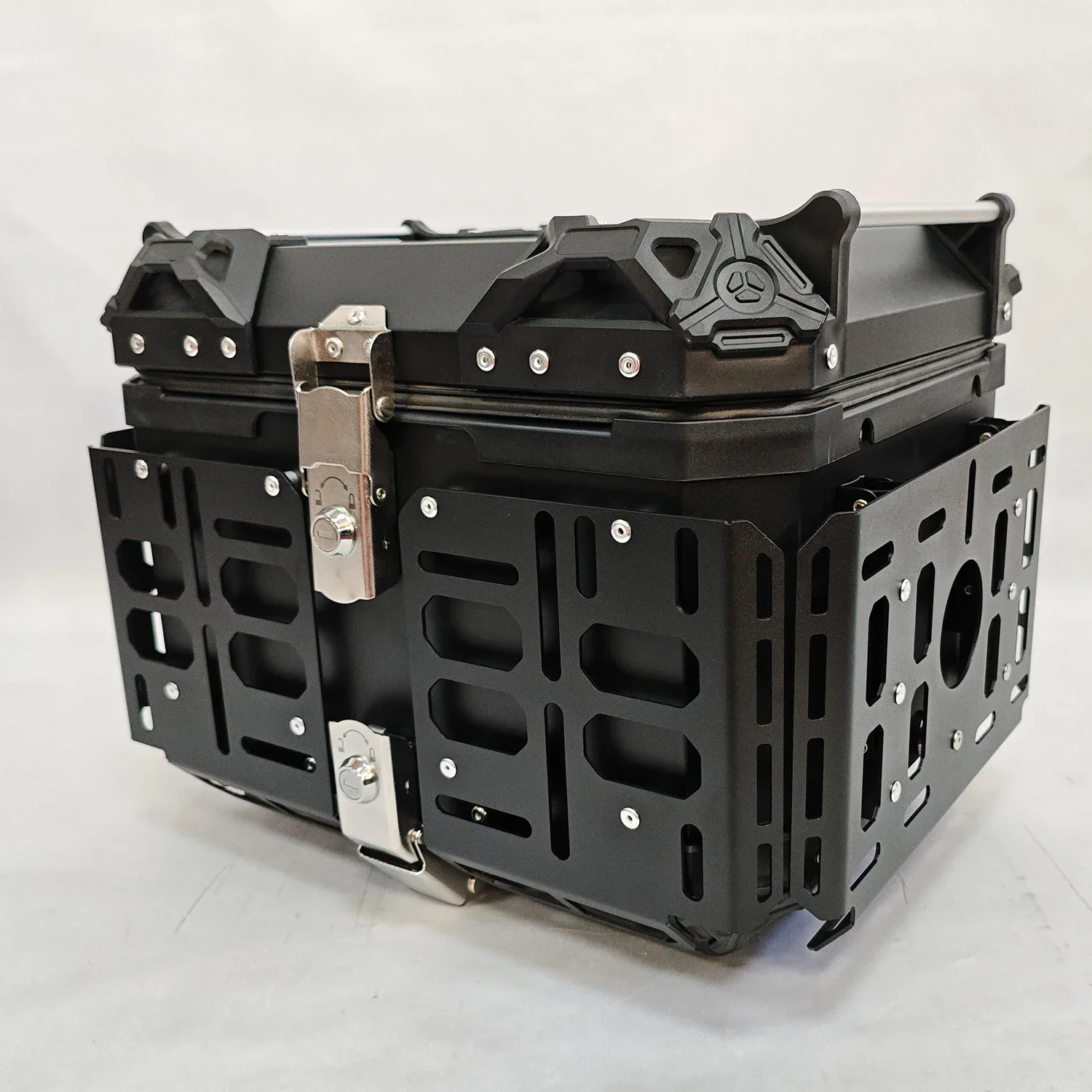 45L Motorcycle Adventure Aluminum Top Case Tail Box Luggage,Black Matte with Steel Base Foldable Support Rear Bag for Touring