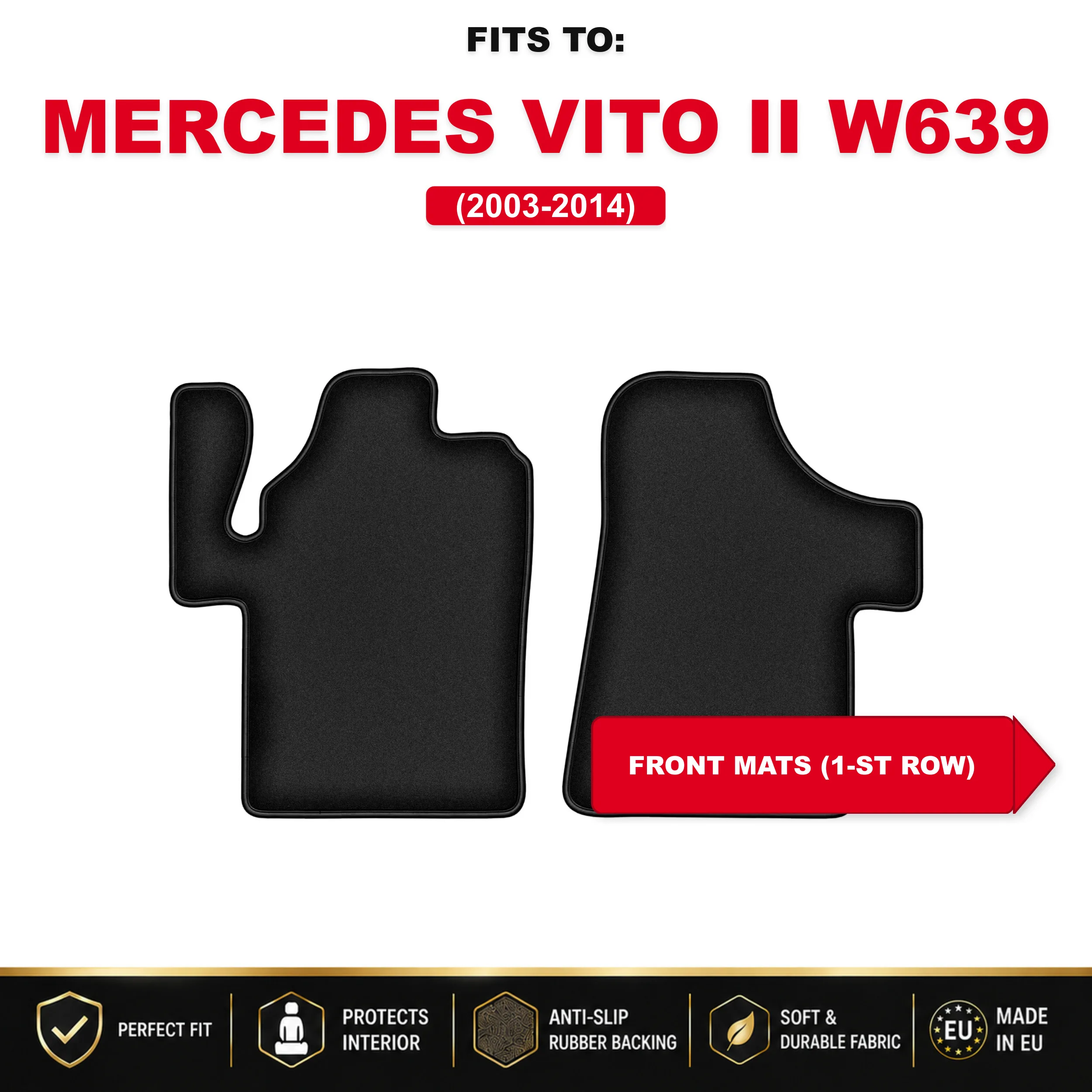 Voorste velours vloermatten, zwart, 2 stuks. Voor: Mercedes Viano W639 2003-2014 set auto vloermatten voor de voorkant van de auto