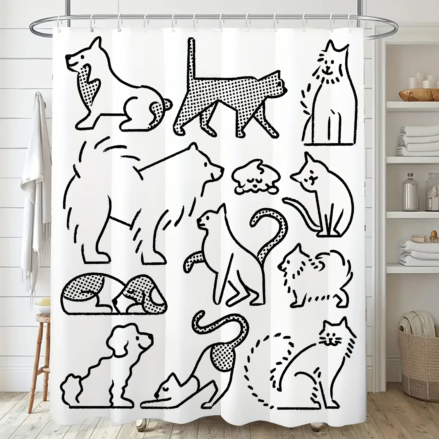 

1 шт., скандинавская современная минималистичная занавеска для душа с изображением кота - полиэстеровый декор для ванной комнаты с крючками, можно стирать в машине, черный и белый