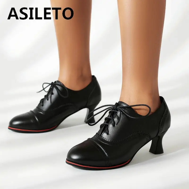 

ASILETO Brand Vintage Women Pumps Round Toe Strange Heels 5.5cm Lace Up Plus Size 47 48 Office Lady Classic Daily Shoes Spring