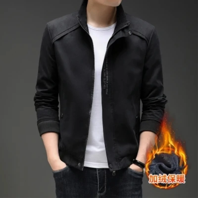 Autumn and Winter New Men's 2024 Stand Collar Splicing Zipper Pocket Letter Solid Color Casual Versatile Long Sleeved Jacket