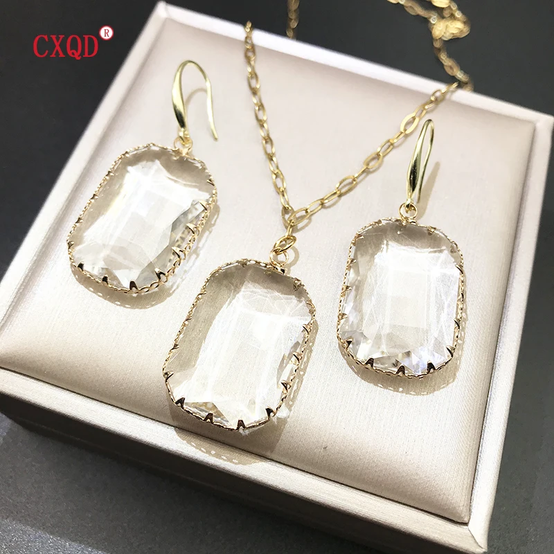 Stainless Steel Chain Large Multicolor Rectangle Clear Glass Pendant Necklace for Women Fashion Earrings Jewelry Accessories Set