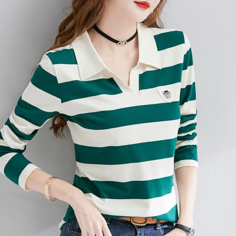 

Women’s Long Sleeve Striped T-Shirt Pure Cotton Polo Collar Casual Fashion Basic Top Lightweight Layering Tee for Spring Autumn