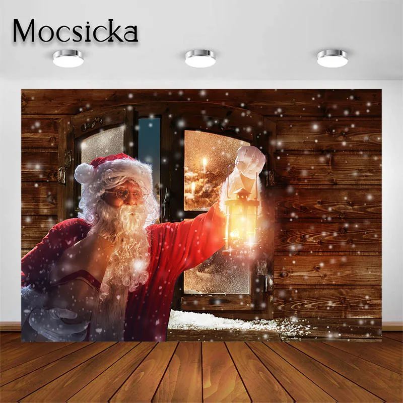 Mocsicka Merry Christmas Background for Portrait Santa Delivering Gifts Backdrop Vintage Wood Window Studio Decors Props