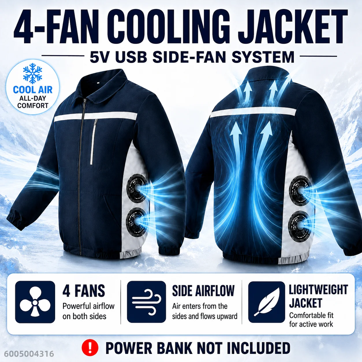 Men's USB 2/4-Fan Side Cooling Jacket Breathable Airflow Workwear for Fishing Hiking Outdoor Summer Use Power Bank Not Included