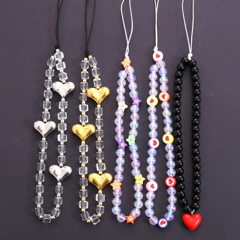 Colorful Mushroom Cute Bear Beaded Phone Chain for Women Gift Simple Love Pearl Charm Phone Case Lanyard New Jewelry Accessories