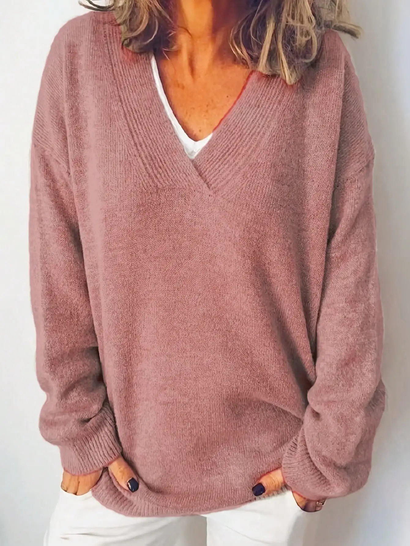Herbst Winter Täglicher Casual Damen Übergröße V-Ausschnitt Langarm Pullover – Detail 13