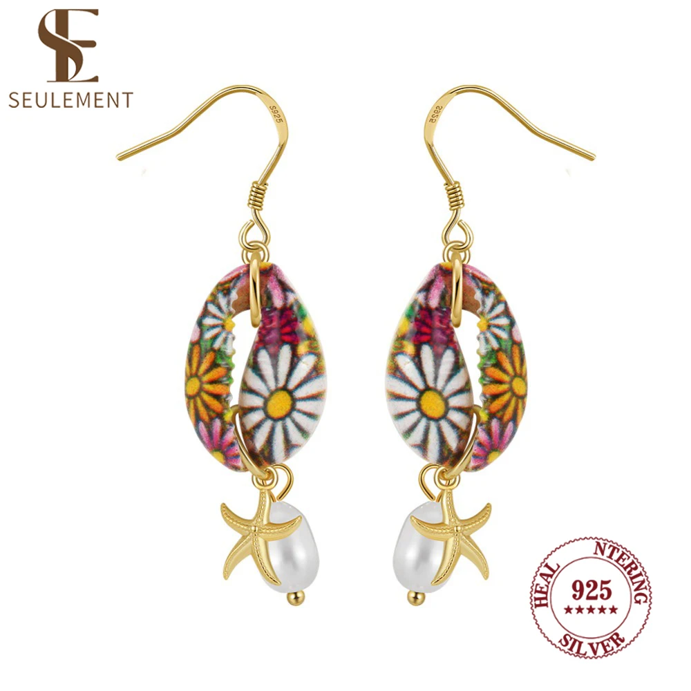 

Seulement Natural Paintings Shells Freshwater Pearl Earrings for Women 925 Sterling Silver Starfish Drop Earring Jewelry Gifts
