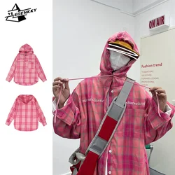 Vintage Hooded Shirts Men Women Lettering Embroidered Pink Checkered Coat Street Loose Casuals Couples Jacket Y2K Long Sleeves