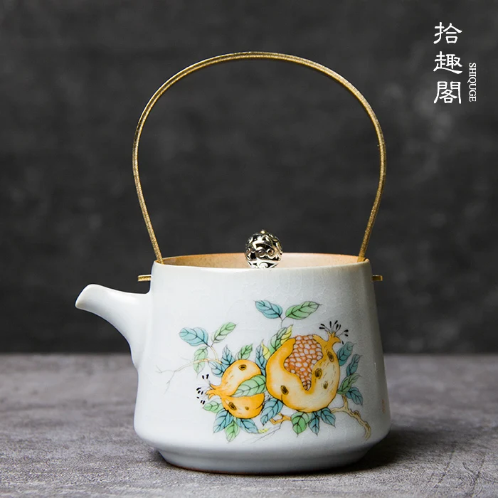

Ceramic Handle Teapot, Ru Kiln Handmade With Follicular Jingdezhen Kung Fu Tea Set, Single Pot, Can Be Cured By