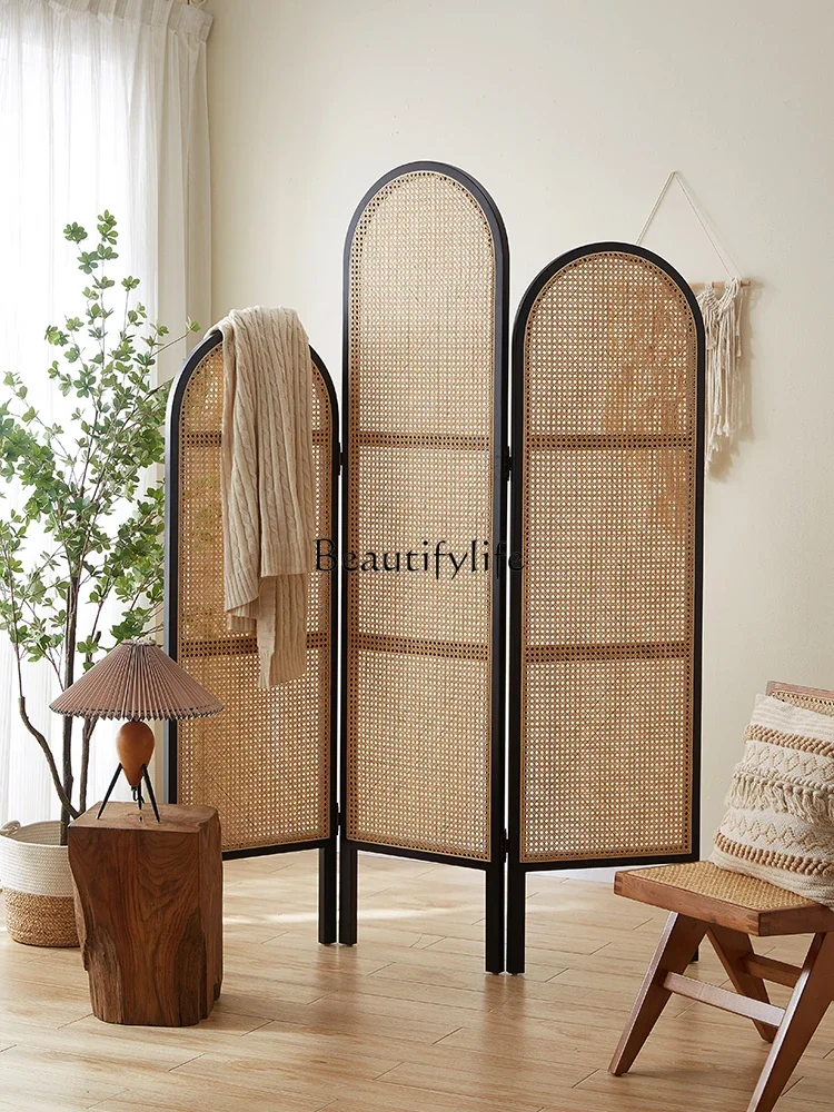 Nordic and Japanese Style Solid Wood Rattan Screen Folding Partition Bedroom Covering Living Room Hallway Wall