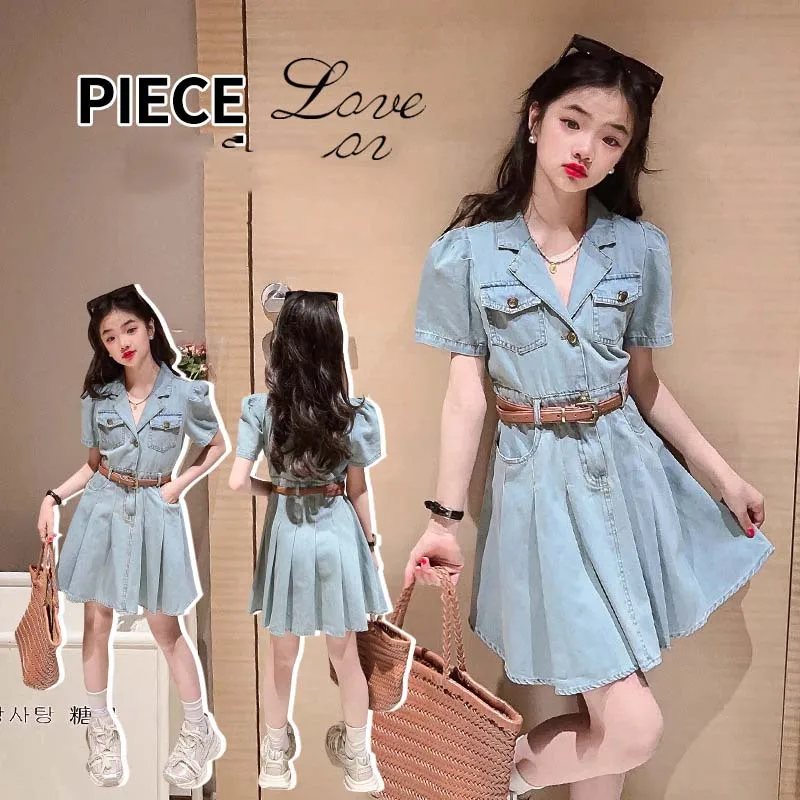 2024 Korean Summer Junior Girl Denim Dress Teenager Girl Single-breasted One-piece Dress School Girl Bubble Sleeve Pleated Dress