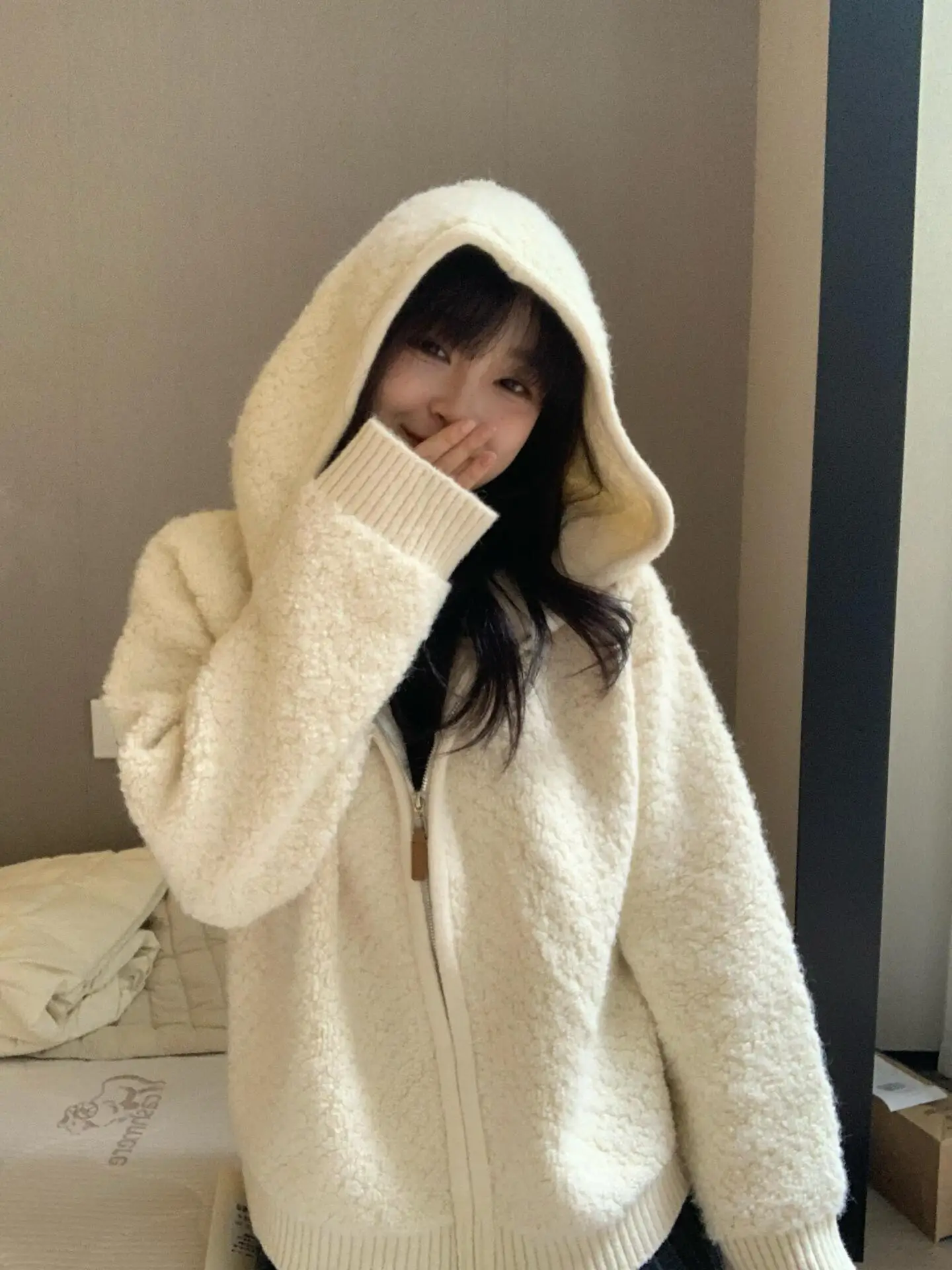 

Ladies' Loose Fit Lamb Fur Hooded Knitted Jacket Autumn Winter Warm Stylish Fufu Zipper Cardigan Korean Style Long Sleeve Top