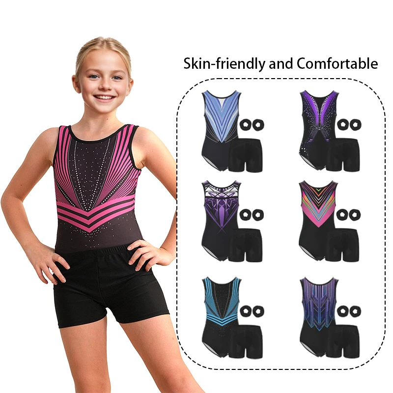 Leotardos de gimnasia para niñas, ropa deportiva sin mangas con espalda en forma de gota de agua para niños, trajes con diademas y pantalones cortos ﻿