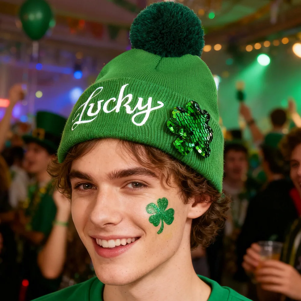 

St.Patrick's Day Green Hat Cosplay Irish Festival Shamrock Embroidered Warm Hats Carnival Party Costume Props Gifts