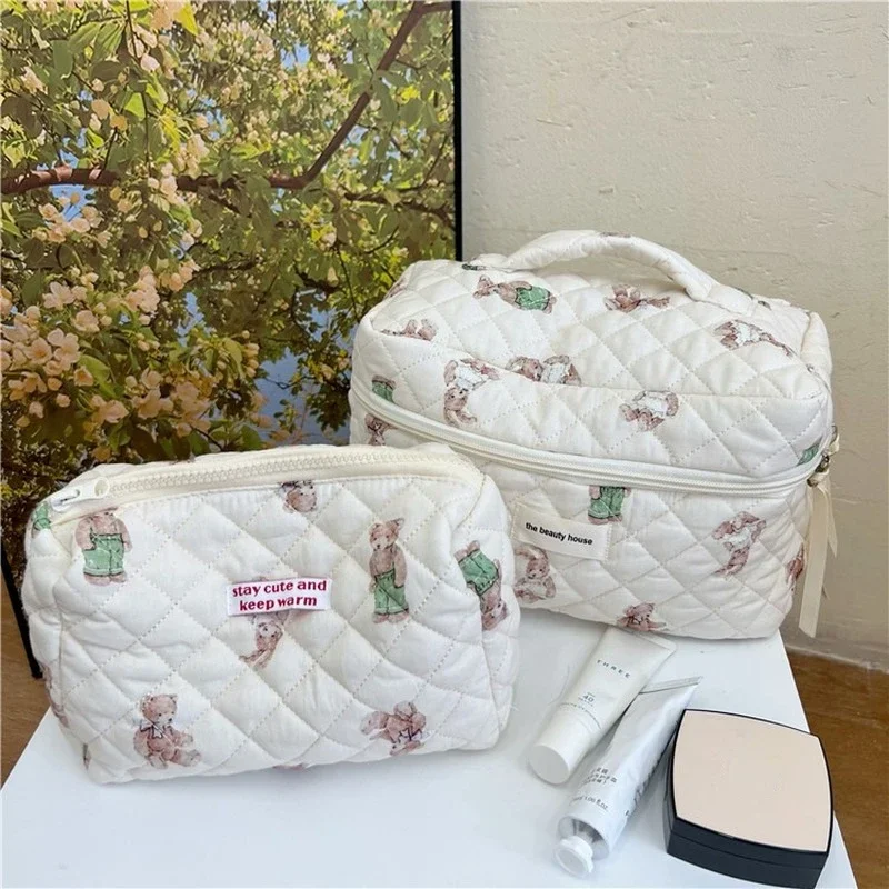 Little Bear Bunny Travel Cosmetic Bag for Women Makeup Storage Bag Large Toiletry Bags Female Beauty Case Cotton Cosmetic Pouch